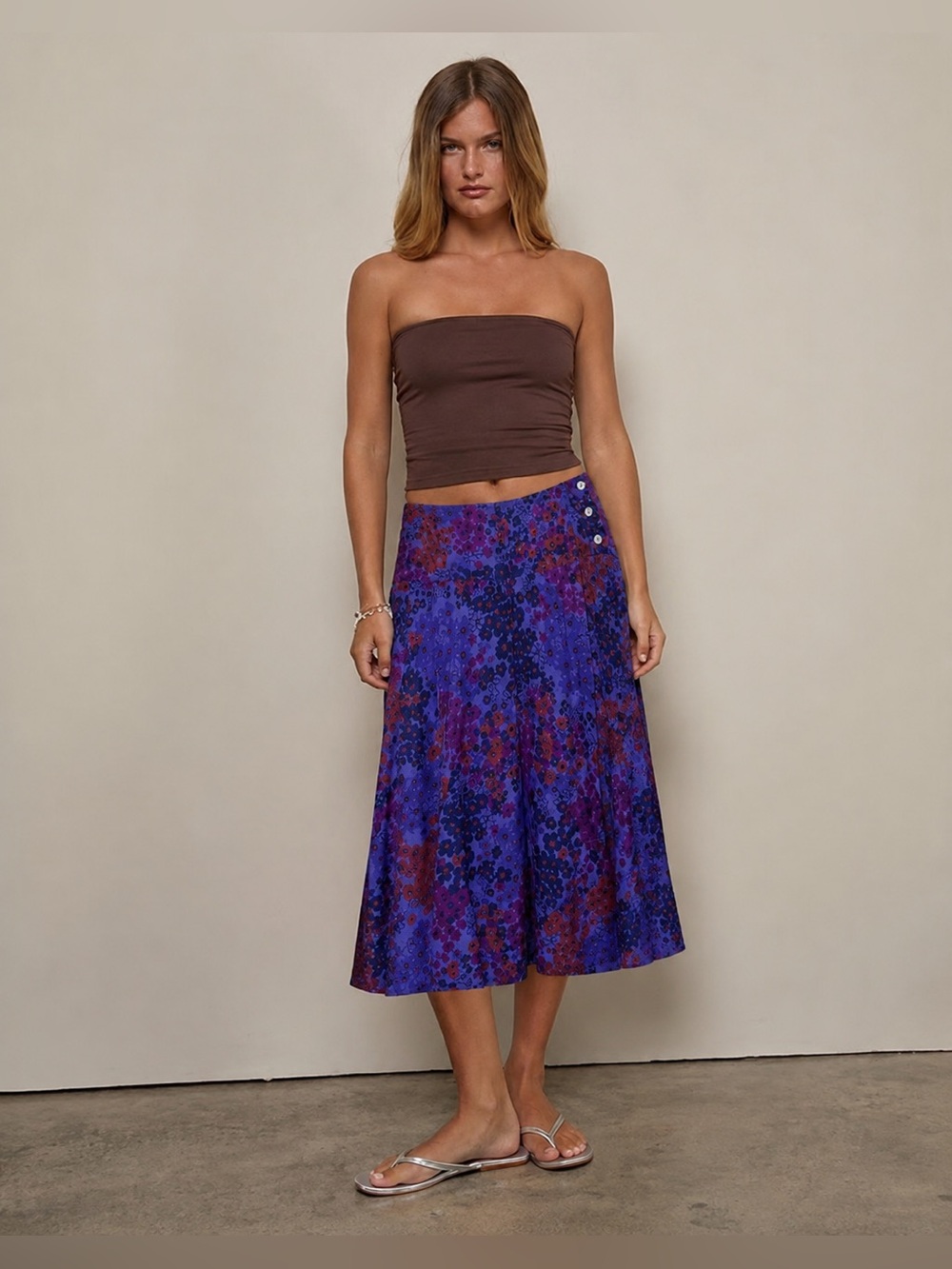 NEW Cut Loose 100% Linen Midi Skirt Floral Purple Woven Size Large 696